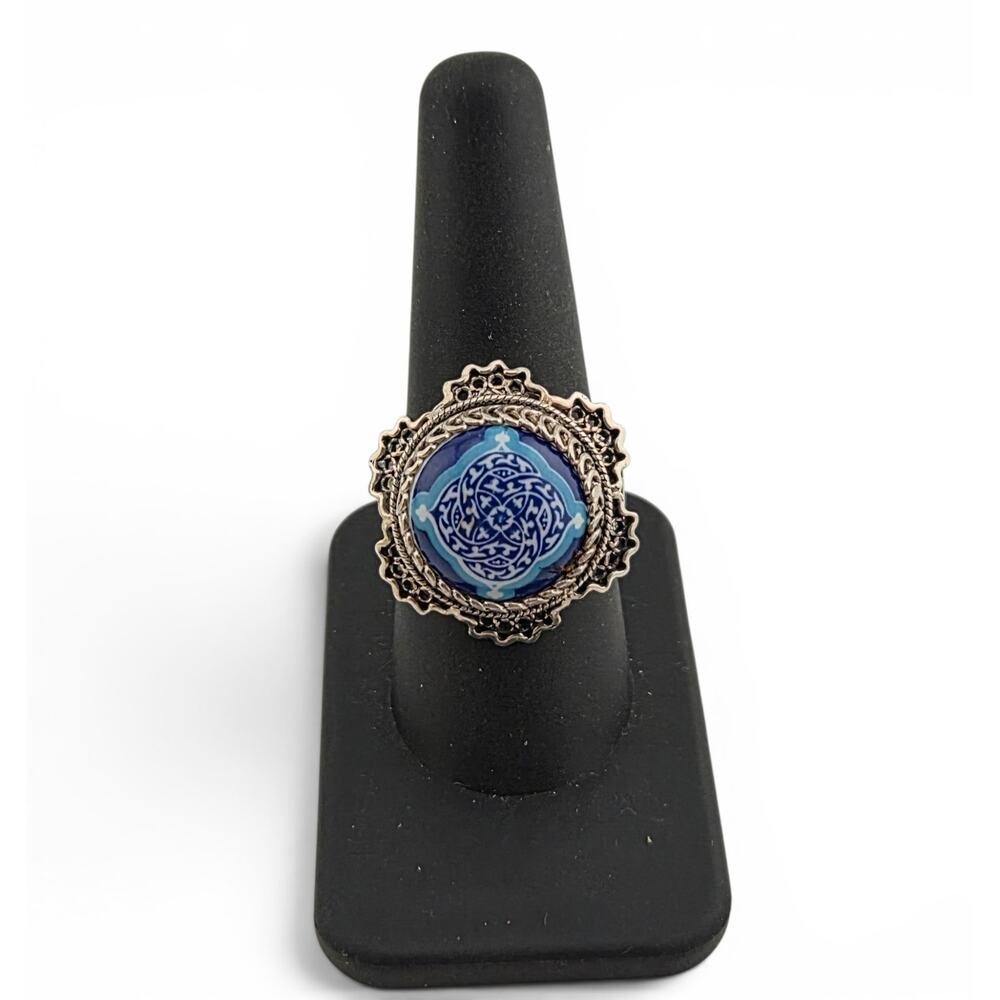 925 Turkey Sterling Silver Blue Ceramic Tile Ring Size 9 Statement Ring